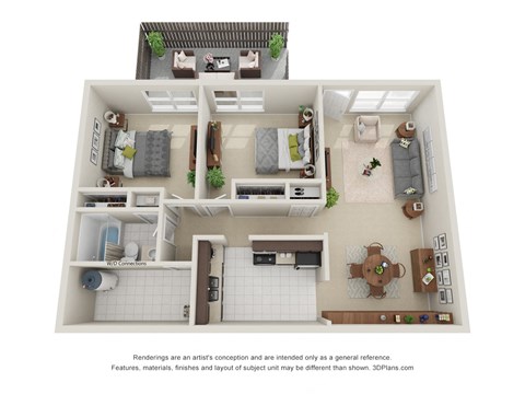 Floor plan for 2 beds, 1 bath, 864 sqft